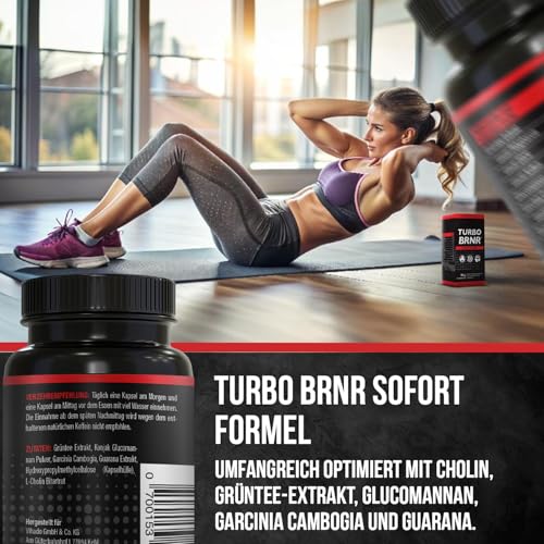 BRNR TURBO BRNR Sofort Stoffwechsel Formel mit Cholin, Grüntee Extrakt, Glucomannan, Garcinia Cambogia, Guarana, 120 Kapseln