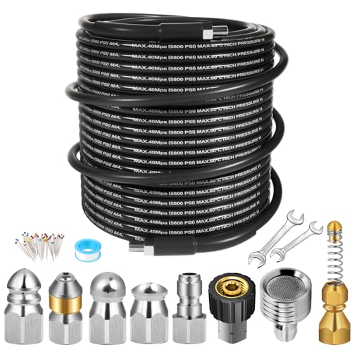 110FT Sewer Jetter Kit for Pressure Washer, 5800PSI Drain Cleaner Hose 1/4 Inch NPT Corner, Rotating Button and Spray Sewer Jetting Nozzle, Water Jet Drain Cleaner Spanner Tape Pearl Corsage Pin