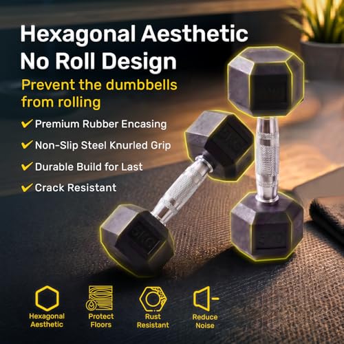 Image of The Cube Club Rubber Encased Hex Dumbbell 5kg Pair (2.5kg Each) | Rubber Coated Anti-Slip Hex Dumbbells for Home Workout, Strength Training & Fitness Exercises for Men & Women