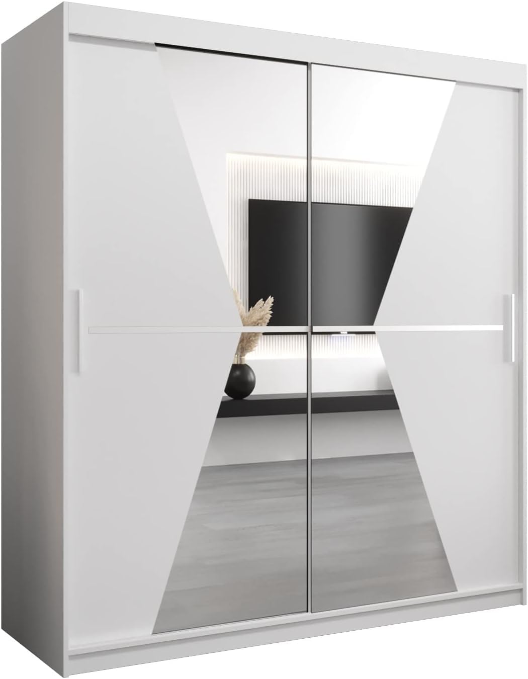 Wooden Wardrobe with Sliding Glass Doors, White Finish