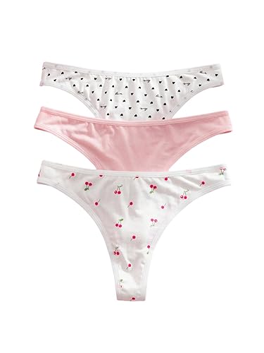 WDIRARA Women's 3 Pack Cute Graphic Panties Set Lace Trim Low Rise Comfy Thong Underwear - Large - White and Pink