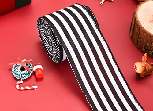 Christmas Ribbon For Tree, Black And White Striped Ribbon Wired Vertical Strip Fabric Ribbon Gift Wrapping Diy Crafts Wreath Bows Making Tree Decor Party Holiday Birthday Decoration, 10 Yards X 2.5In #TOP2