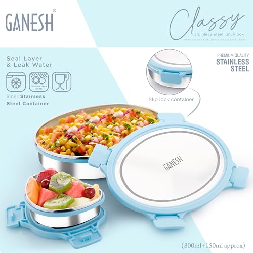 Image of Ganesh Classy Stainless Steel Lunch Box Container with Airtight Lid for Office & School Use /Food Grade /Air Tight /Easy to Carry /Leak Proof (800ml +150ml) Blue