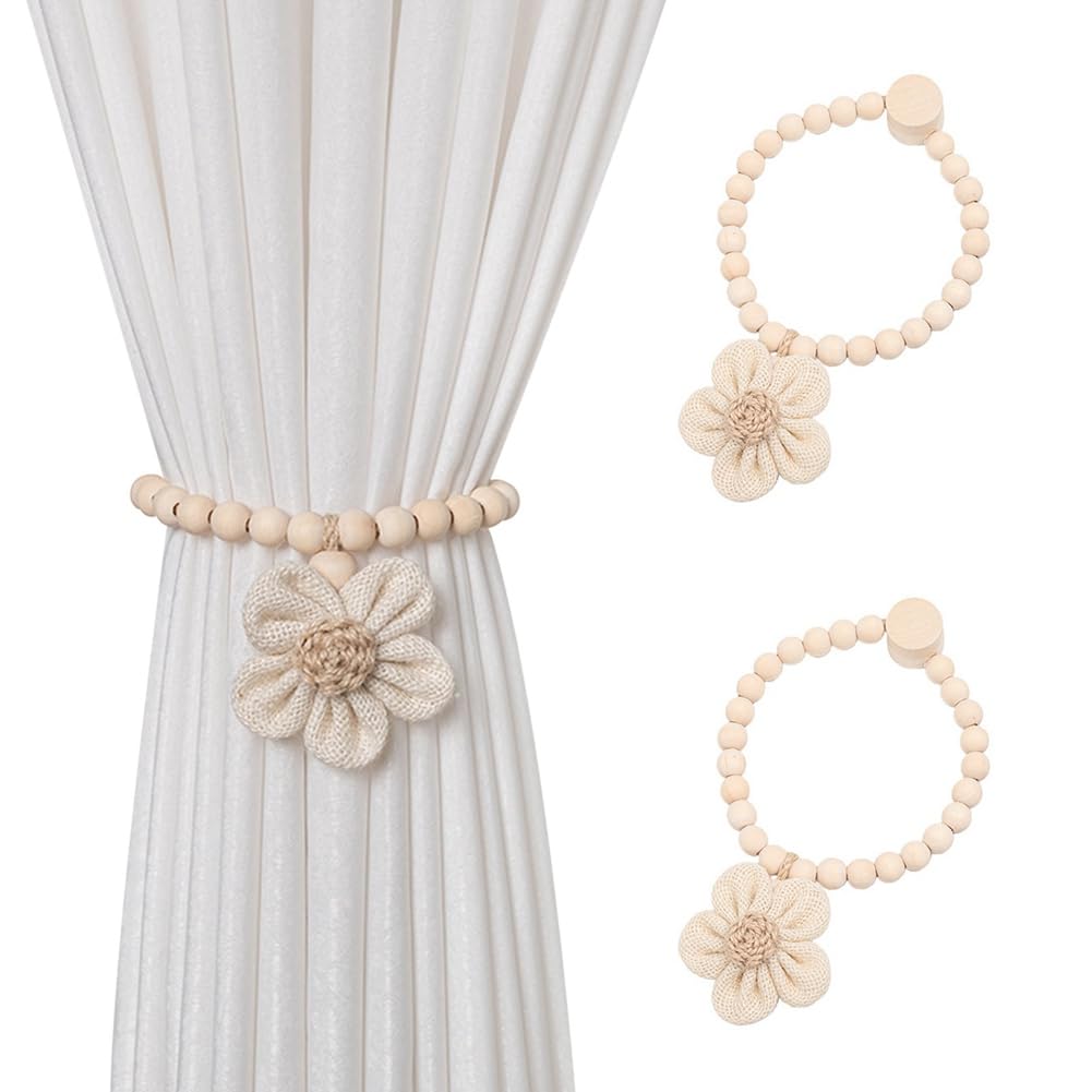Wood Bead Curtain Tiebacks, Sunflower Curtain Holdbacks Farmhouse Curtain Tie Backs for Thin or Thick Window Draperies