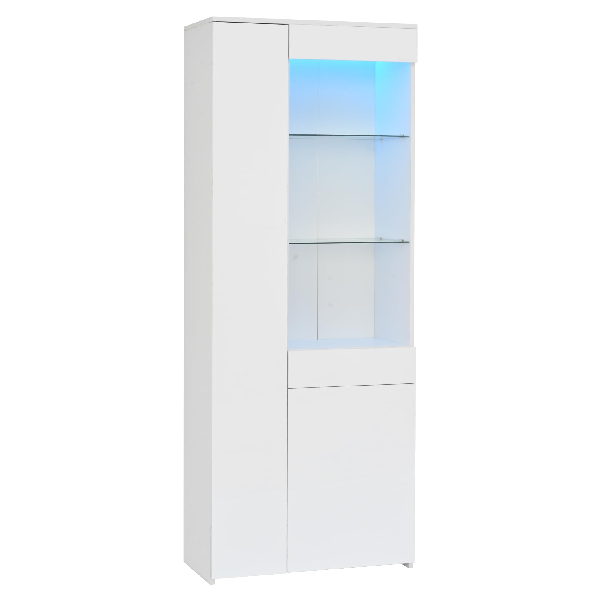 SUKY Vitrina con cajones, 70 x 35 x 180 cm, vitrina de alto brillo, vitrina de cristal con iluminación LED, armario alto con armario, vitrina de pie, almacenamiento en pared divisoria