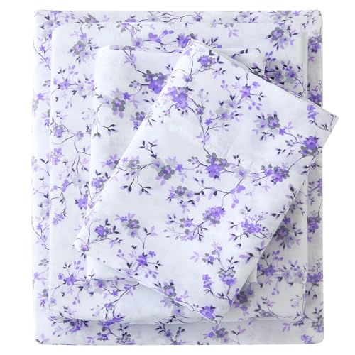 Image of Viviland Floral King Sheet Set - 4 Piece Purple Lavender Botanical Patterned Bed Sheets - Soft, Breathable Microfiber Sheets with Deep Pocket, Non-Slip Fitted Sheets & Pillowcases