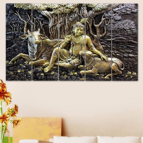 Image of Maxstone Radha Krishna Wall Painting Wall Decorative Big Size Multiple Panals Set Of -5 Multicolour Painting for Living Room, Bedroom, Office, Hotels, Drawing Room Set of 5 (30x60 inch) M1337