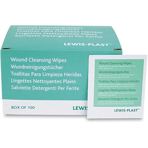Lewis Plast Premium Saline Sterile First Aid Alcohol Free Wipes - Box of 100 Antiseptic Antibacterial Medical Grade Cleaning Wipe for Wound. Cleansing area Before Injection and Piercing Cover