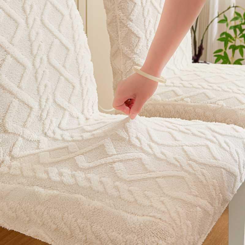 Image of HOMETHREADS Elastic Jacquard Chair Cover-Stretch Fit, Removable & Washable Short Dining Chair Seat Protector - 400gsm Soft & Wrinkle-Resistant Slipcover for Home, Kitchen, Banquet (Cream, Pack of 6)