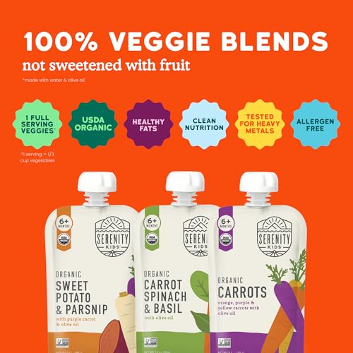 Image of Serenity Kids 6+ Months Baby Food Pouches - USDA Organic Baby Snacks - 100% Veggie Pouches - No Added Sugar Toddler Food - Garden Veggies Variety Pack, 3.5 Oz, Pack of 6