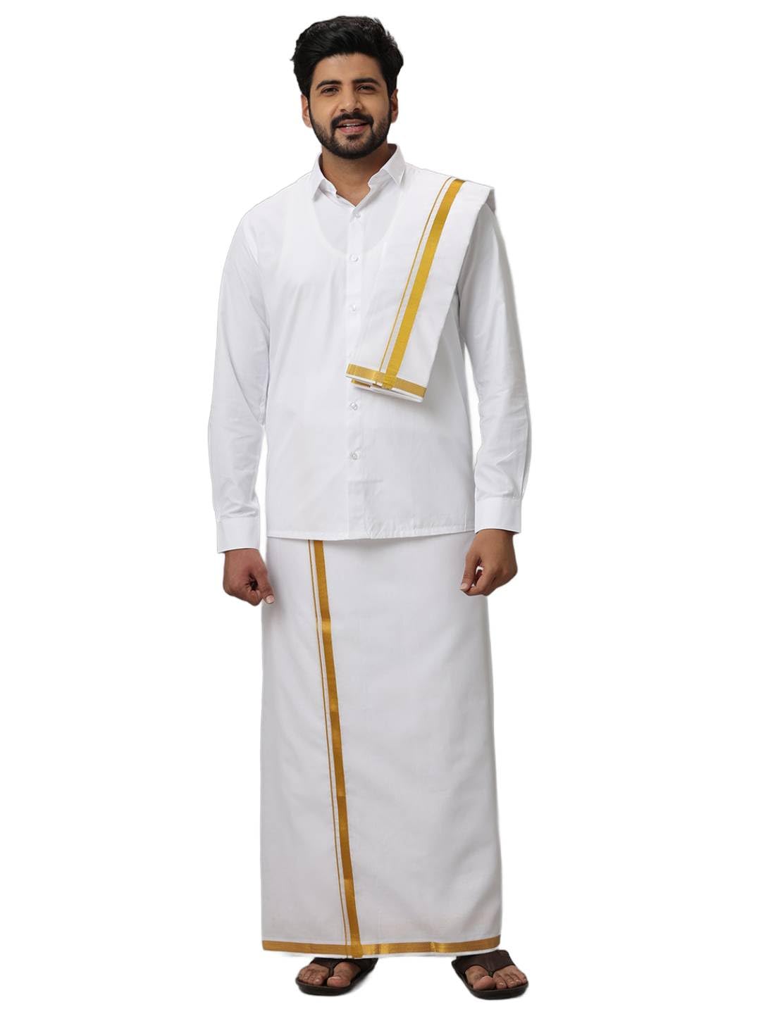 Men 100% Cotton Wedding Set White Shirt, Dhoti & Towel with Gold Jari Border-F40-image-32