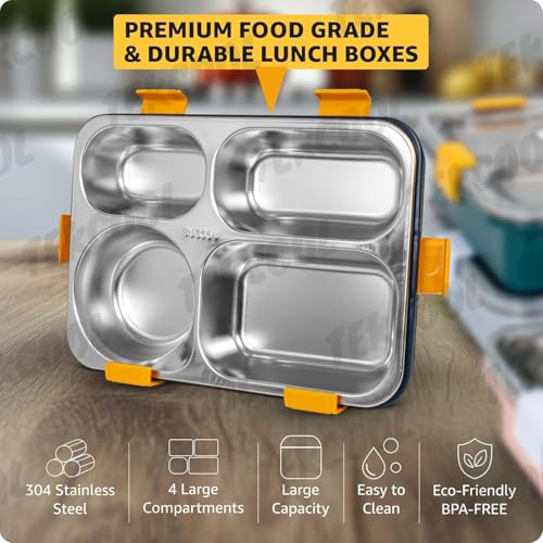Image of TEKCOOL Lunch Box for Adults - Lunch Box for Kids - with Spoon & Fork - Stainless Steel Lunch Box with 4 Compartment - Durable Perfect Size for On-The-Go Meal, BPA-Free';