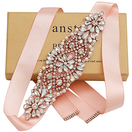 Yanstar Rose Gold Crystal Beads Rhinestone Wedding Bridal Belt Sash With Blush Ribbon
