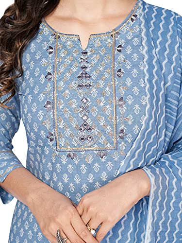 Image of Vbuyz Women's Printed & sequience work A-line Cotton Pink Kurta Pant With Dupatta