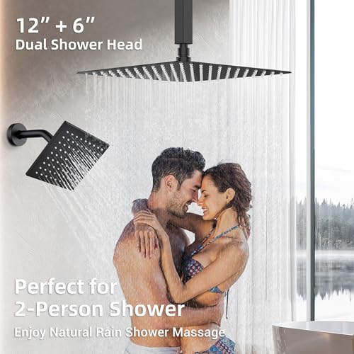 Sistema de duchas duales Dasan en negro mate con ducha de lluvia de 12 pulgadas para techo y ducha de alta presión de 6 pulgadas para pared, juego completo con ducha manual y grifo de 3 funciones miniatura 4