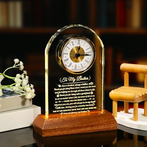 Image of Arikyrist Gifts for Brother from Brothers Sisters Meaningful Glass Clock Brother Birthday Gift with Wooden Light Base Crystal Keepsake for Fathers Day Christmas Graduation Presents for Best Brothers