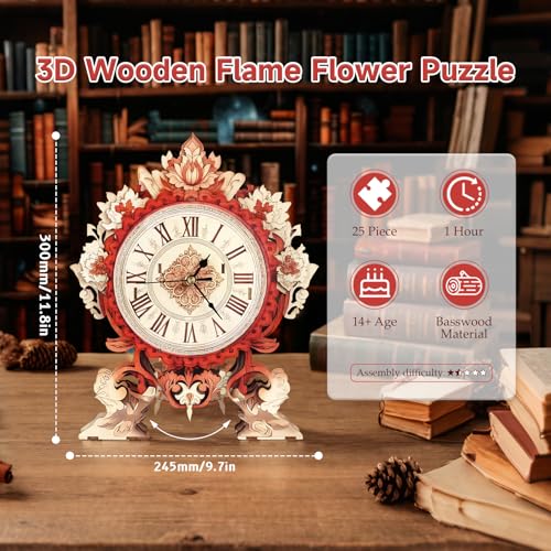 Horloge à fleurs en forme de flamme : puzzle 3D bois