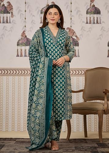 Image of Arayna Women's Cotton Printed Kurta Set with Pants & Dupatta | Elegant Ethnic Wear for Women | Floral Print | Comfortable Suit Set