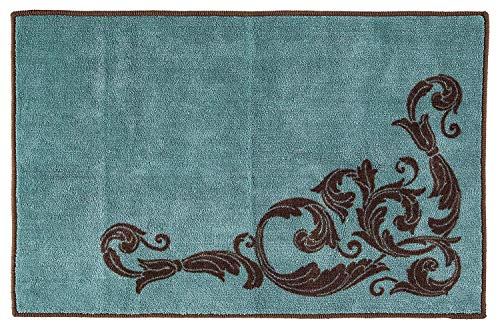 Image of Paseo Road Wyatt 9 Piece Turquoise Brown Floral Swirl Pattern Bathroom Set with Shower Curtain, Towel Set, Countertop Accessory Set, Bath Floor Rug, Southwestern Rustic Lodge Style