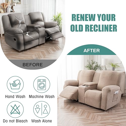 Image of Genina Recliner Loveseat Covers with Console, Stretch Reclining Sofa Covers, 2 Seater Couch Cushion Stripe Jacquard Recliner Slipcovers - Furniture Protector Covers for Pet Kid (Taupe)