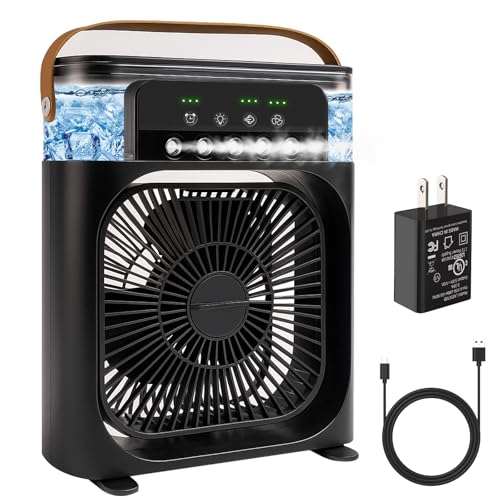 Portable Air Conditioner Fan, Mini Evaporative Air Cooler with 5 Spray Nozzles,3 Wind Speeds,3 Timers, 7 Colors LED Light,600ML Personal AC Unit Fan for Bedroom Office Camping（Black）