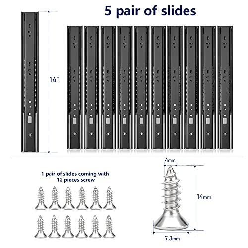Image of Ravinte 14 Inch Soft Close Drawer Slides 5 Pairs 10 Pack Black Full Extension Ball Bearing Drawer Glide Side Mount
