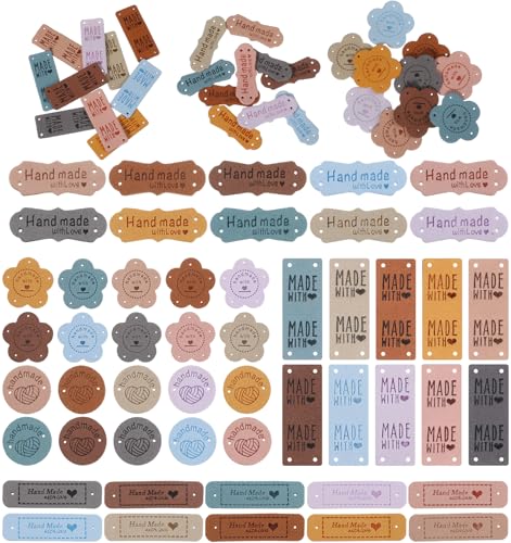 50 Pcs Sewing Tags for Handmade Items, Leather Tags for Handmade Items with Love Hearts, Colorful Leather Labels for DIY, Sew on Tag for Knit, Jeans, Bags, Shoes & Hat