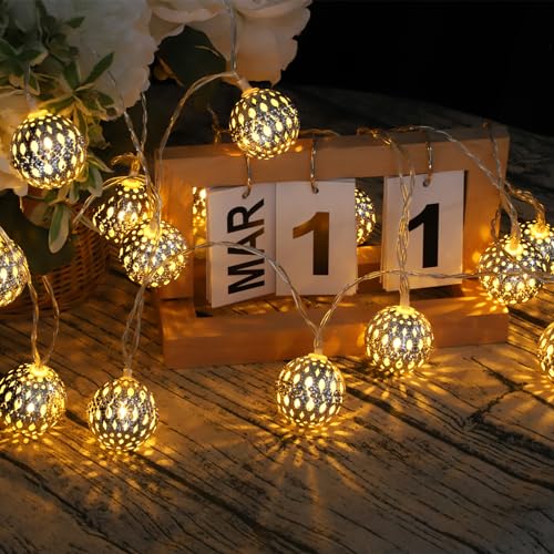 Auting Marokkanische lichterkette batterie,5M 20 LED Lichterkette mit Timer, Silber Kugeln Orientalische Lampe Warmweiß Ramadan Lichterkette innen für Eid Mubarak Hochzeit Party Weihnachtsbaum Deko
