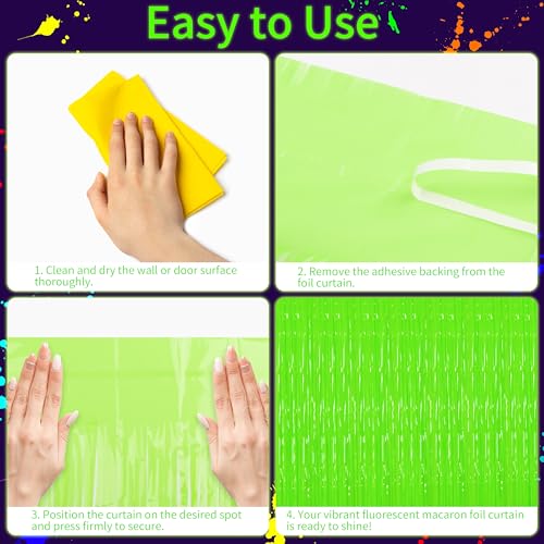 Image of Glow in The Dark Tinsel Curtains 2 Pack - 3.3x6.6ft UV Reactive Fluorescent Party Backdrop for Neon, Birthday, Pride Decorations, Pre-Taped, Lightweight Waterproof (Green)