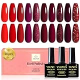 Yueshop Red Gel Nail Polish,10 Colors Red Burgundy Bloody Mary red Glitter Dark red Gel Polish Sets Soak-Off UV Gel Nail Varnish for Studios & Home Use Manicure,8ml