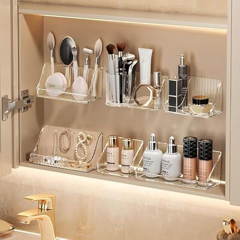 MORNITE 3 Pcs Medicine Cabinet Tray Organizer, Small Adhesive Bathroom Vanity Floating Shelves Storage for Toilet Cabinet, Mirror Cabinet, Wall, Countertop, Clear Cover