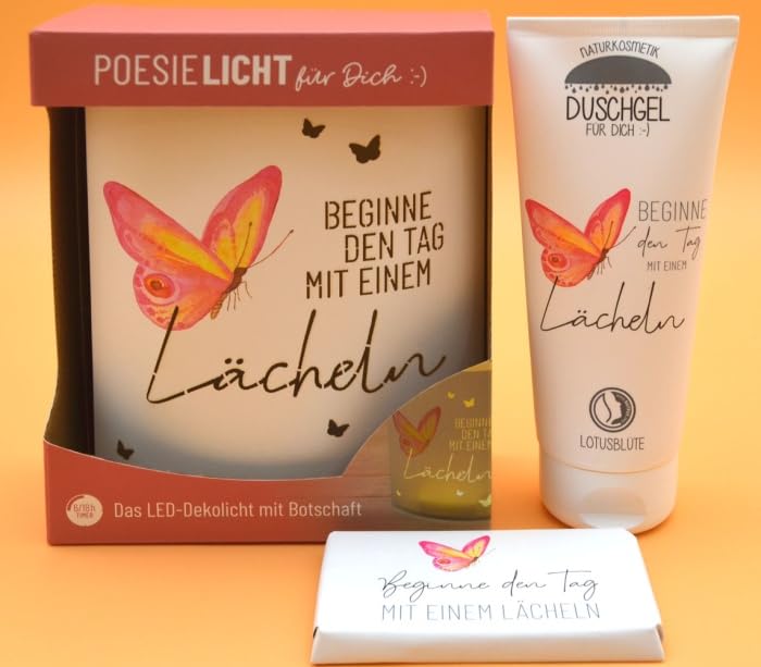 La Vida Geschenkset Poesielicht Lächeln, Duschbad und Schokolade