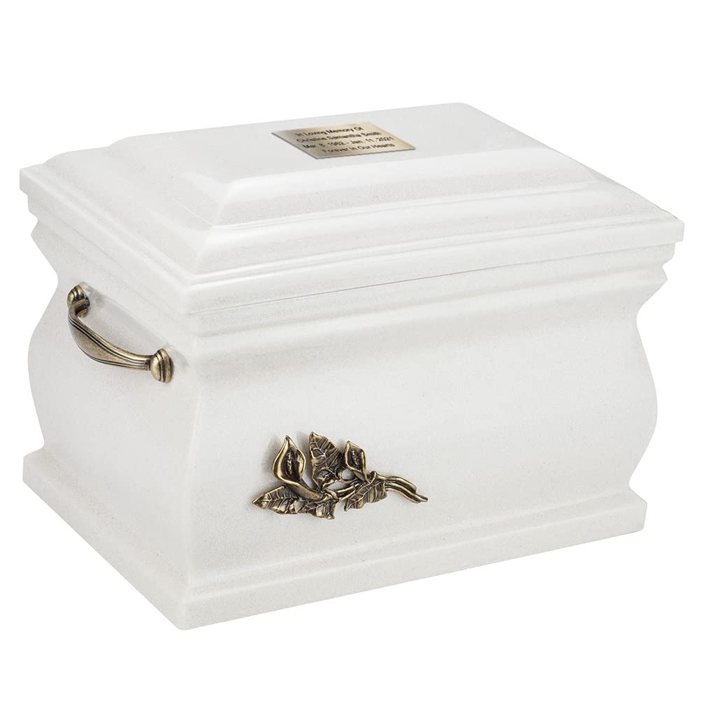Granite Casket Cremation Ashes Urn for Adult with Calla Lily, Funeral Memorial Urn for Human Ashes, White Color (Calla Lily/Plain + Plaque)