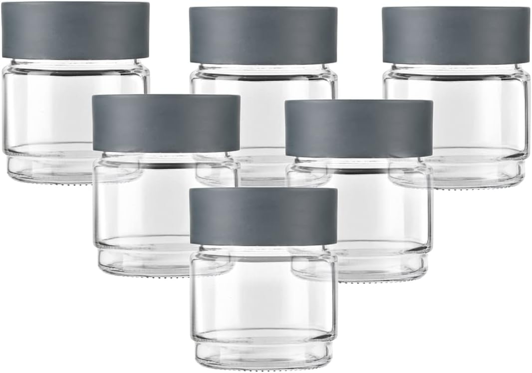 CELLO Modustack Glassy Storage Jar Set of 6, (500 ml x 6), Grey | Food Grade, Stackable & Space Saving Fridge Container Set| Transparent Airtight Kitchen Glass Jar For Cookies Snacks Pulses Dry Fruits