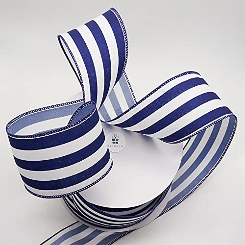 Ct Craft Llc White With Blue Stripe Wired Ribbon - 2.5" X 50 Yards For Christmas Home Decor, Gift Wrapping, Bow Making, Wreath, Diy Crafts #TOP2