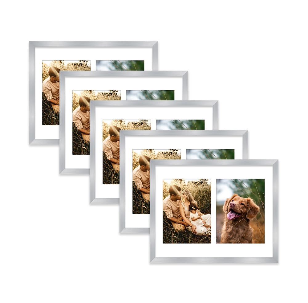 Silver Multi Photo Frame - Holds 2 x 8x6 Pictures, Family Collage Picture Frame for Wall Display, 14x11 Frame size, Set of 5