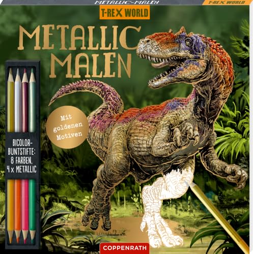 Metallic-Malen (Allosaurus): Bicolor-Buntstifte: 8 Farben, 4x Metallic (T-Rex World): Set: Malblock mit goldenen Motiven und 4 Zweifarb-Buntstiften