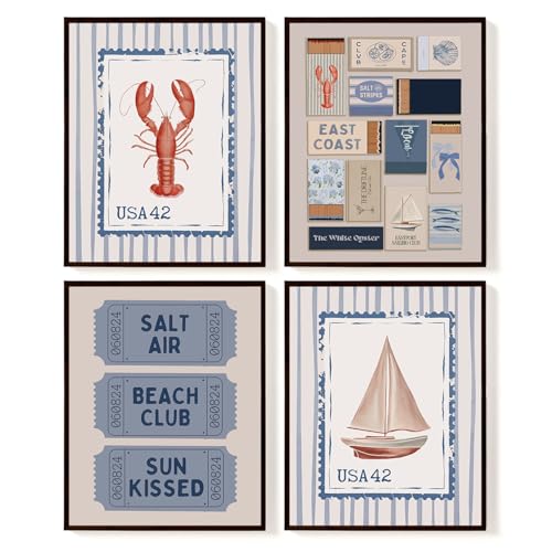 SkyCozy Coastal Beach Wall Art Decor, Preppy Grandmillennial East Coast Poster & Prints, Ocean Crawfish Sailboat Nautical Wall Art for Home Room Bedroom Dorm Decor, 8x10Inch Set of 4 (UNFRAMED)