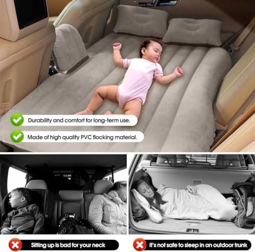 Image of VAVSU PVC Car Camping Mattress | Inflatable Travel Bed with 2 Air Pillows | Portable Sleeping Air Couch for SUV, Car & Outdoor Use (Beige)