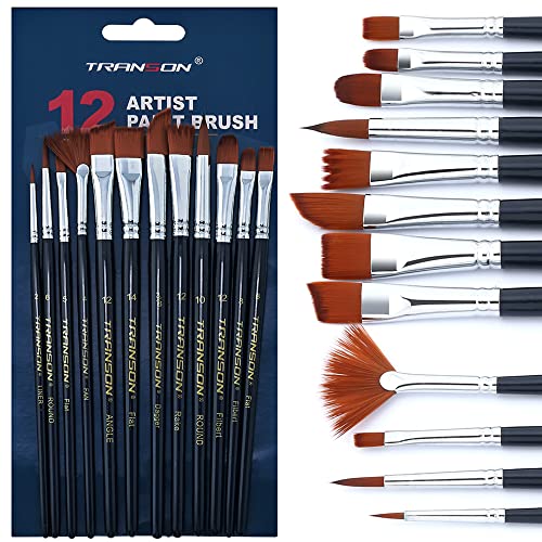 Transon 12Pcs Professional Paint Brush Set For Acrylic Watercolor Gouache Ink Rock Craft Face Painting #TOP7