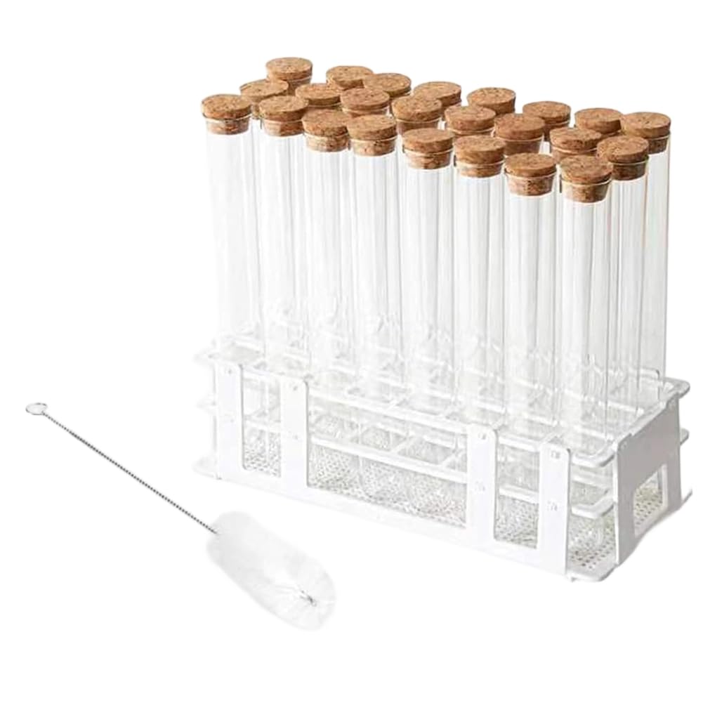 IJSDNVJNDX Glass for Test Lab Tube Set 24pcs with Cork Stoppers 80ml Glass for Test Tubes and 24 Holes Plastic Rack for Laboratory Storage
