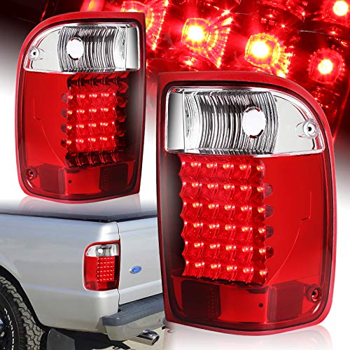 HYPERSPEED LED Rear Brake Tail Light Lamp Assembly 2PCS Pair Fit for 1993 1994 1995 1996 1997 1998 1999 2000 Ford Ranger, Car Mods Exterior Accessories Replacement Part (Chrome Housing Red Lens)