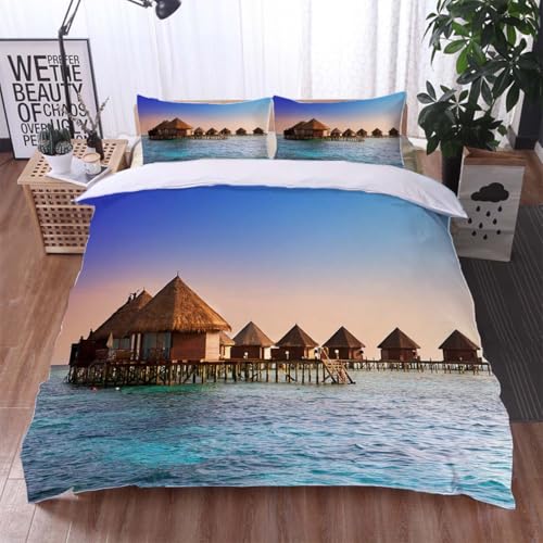 Island 3 Pieces Bedding Set Duvet Cover Full Size Island in Ocean Overwater Villas Sunset Soft and Lightweight Duvet Covers Set for All Seasons