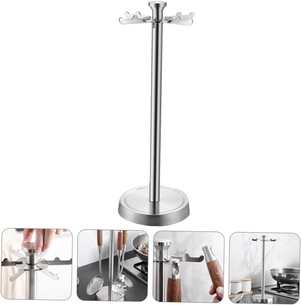 DOITOOL Stainless Steel Kitchen Utensil Rack with 6 Hooks Shovel Spoon Spatula Holder Countertop Organizer for Home Kitchen Storage