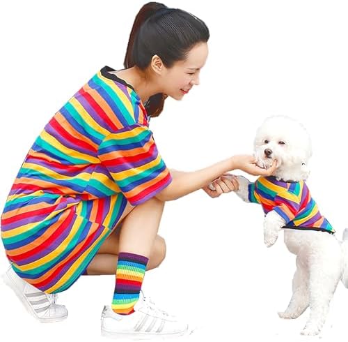 Cotton Dog Shirts for Small Medium Dogs,Dog T-Shirt with Rainbow Stripe,Matching Dog and Owner Clothes Separately Sold,Cat Apparel (for Pets, Pet M – Bust 15.7″)