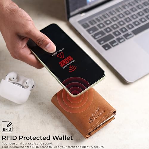 Image of BLACKTHORNE Wallet for Men | RFID Blocking Genuine Leather Pop-Up Card Holder | Slim Minimal Design with Aluminium Case Holds 6-8 Cards, Coin Pocket & Trifold Magnetic Closure (Tan)