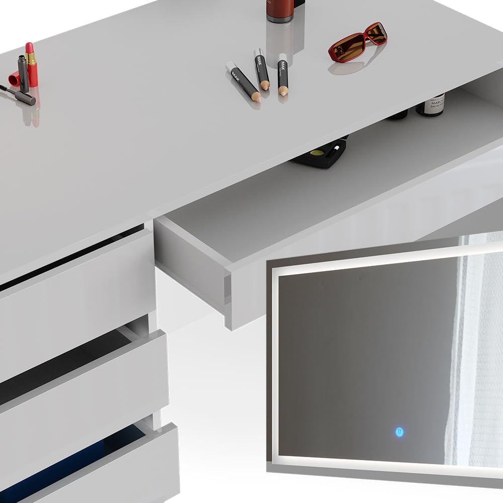 Coiffeuse Sherry, Blanc/Or, 120 cm avec miroir LED, Vicco
