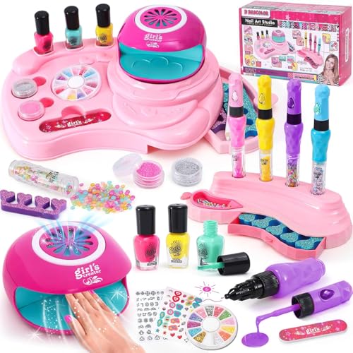 B Bascolor Kids Nail Polish Set for Girls Toy, 4 Nail Draw Pen/Nail Dryer/3 Nail Polish/2 Storage Base/Sticker/Powder Decor, Birthday Gift for Girls 4 5 6 7 8 9 10 11 12 13 Year Old Salon Art Nail Kit
