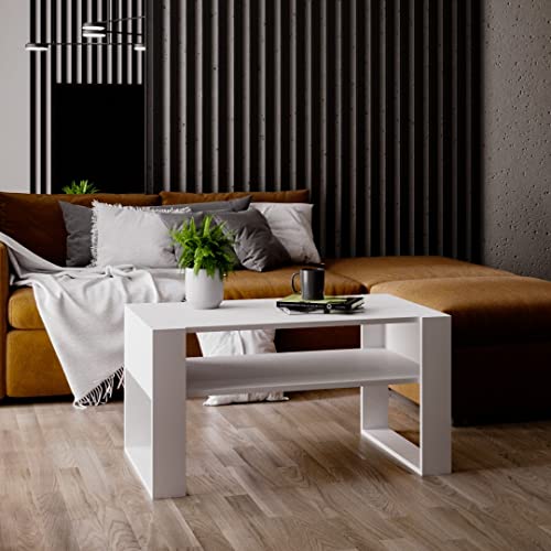 MRBLS_HOME MRBLS Couchtisch – modernes rustikales Design – Wohnzimmer-Tisch Beistelltisch Kaffeetisch Sofatisch Teetisch aus Holz (Weiß Matt - Weiß Matt) - 92 x 45 x 53,6 cm (B/H/T)