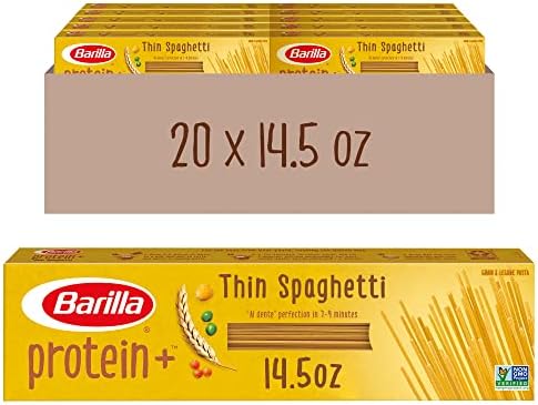 BARILLA Protein+ (Plus) Thin Spaghetti Pasta - Good Source of Plant-Based Protein from Lentils, Chickpeas & Peas- Protein Pasta - Non-GMO - Kosher Certified - 14.5 Ounce Box (Pack of 20)